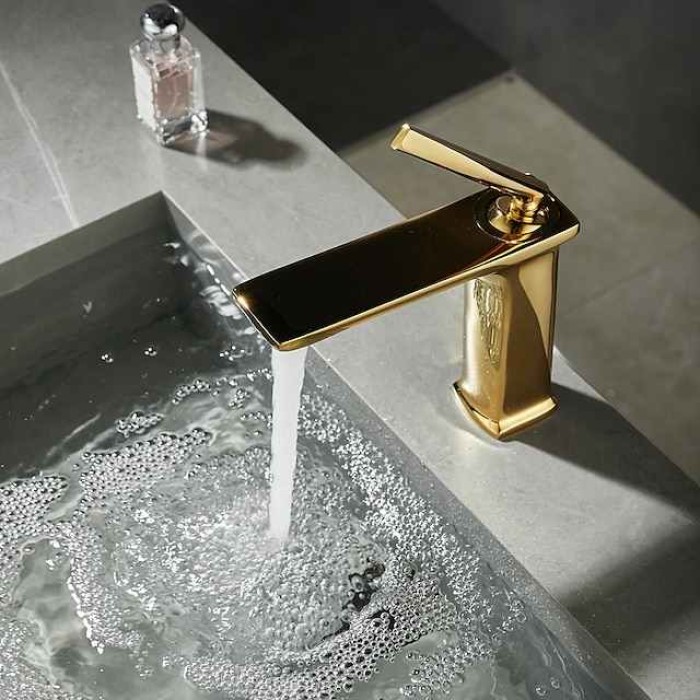 Bathroom Faucet Brass Sink Mixer Basin Taps Deck Mounted, Single Handle Monobloc Washroom Vessel Tap with Cold and Hot Hose