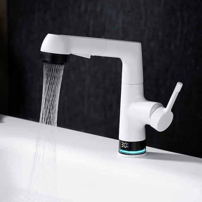 Bathroom Faucet LCD Digital Display Sink Mixer Basin Taps with Pull out Sprayer, Single Handle Liftable Spout Head 3 Mode, Brass Vessel Tap Washroom