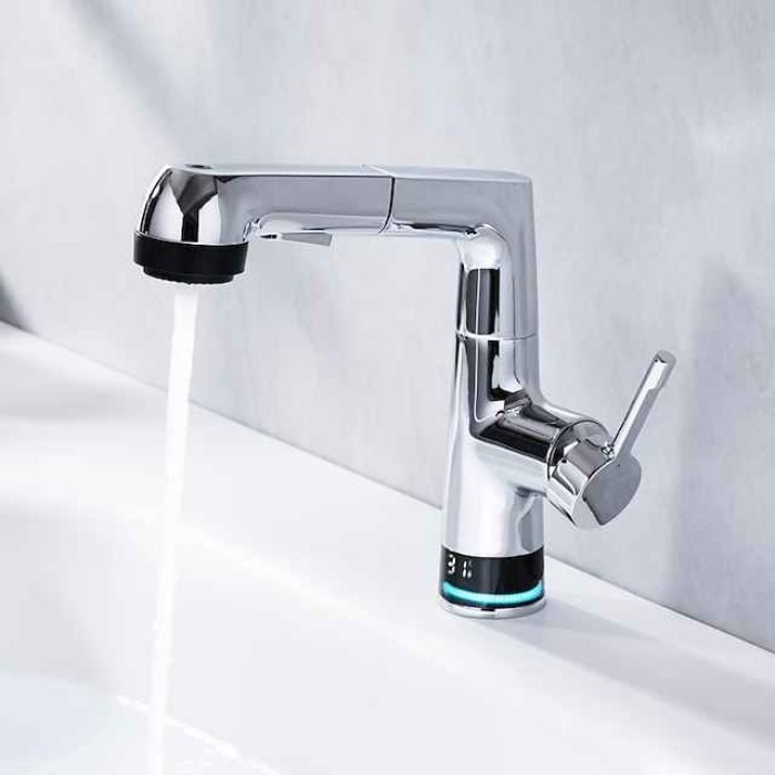 Bathroom Faucet LCD Digital Display Sink Mixer Basin Taps with Pull out Sprayer, Single Handle Liftable Spout Head 3 Mode, Brass Vessel Tap Washroom