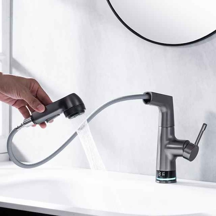 Bathroom Faucet LCD Digital Display Sink Mixer Basin Taps with Pull out Sprayer, Single Handle Liftable Spout Head 3 Mode, Brass Vessel Tap Washroom