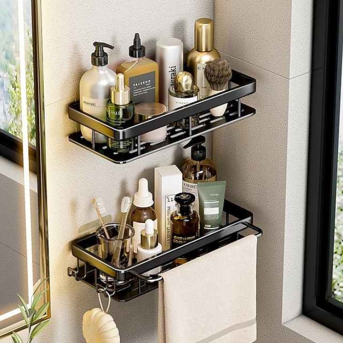 Black Toilet Rack Wall Hanging Perforated Space Aluminum Double-Layer Bathroom Storage Toilet Suction Cup Bathroom Towel Rack