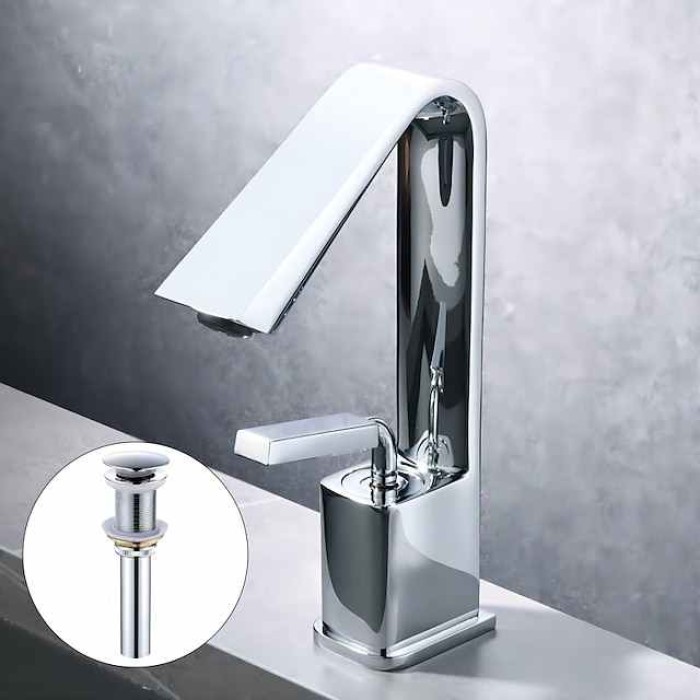 Bathroom Faucet Sink Mixer Basin Taps with Pop Up Drain, Monobloc Single Handle Washroom Vessel Tap with Cold and Hot Hose