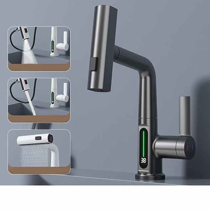 Waterfall Bathroom Faucet LCD Display Multifunction Pull Out Sink Mixer Taps, 360 Degree Rotate Washroom Vessel Brass Tap 3 Mode Spout Sprayer