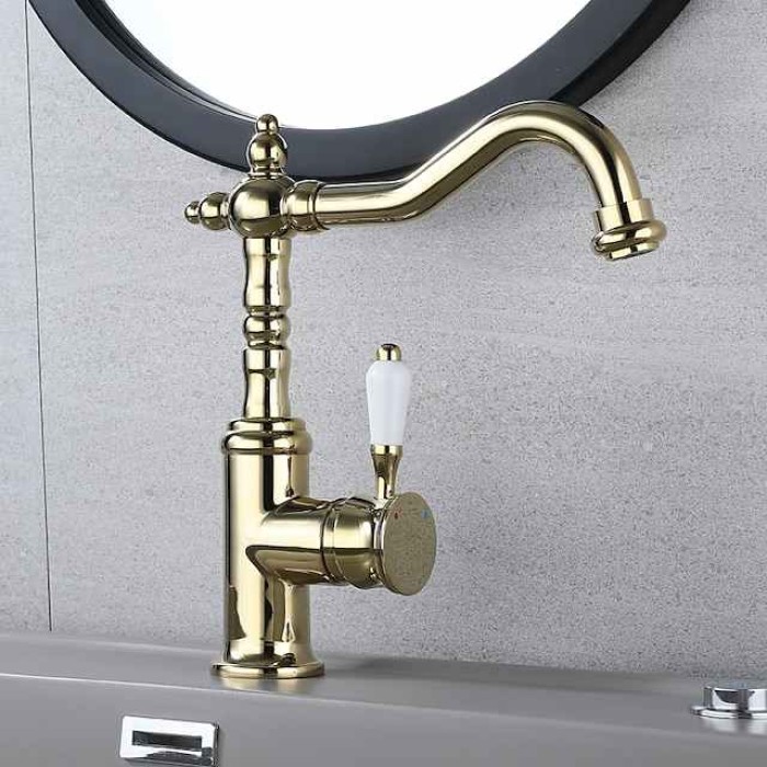 Bathroom Faucet Gold Sink Mixer Basin Taps, 360 Swivel Single Handle Vessel Tap with Cold and Hot Hose