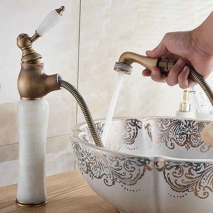 Traditional Bathroom Faucet Pull Out Basin Sink Mixer Taps, Vintage Brass Vessel Taps Ceramic Single Handle, with Cold and Hot Hose