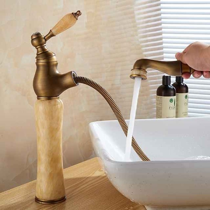 Traditional Bathroom Faucet Pull Out Basin Sink Mixer Taps, Vintage Brass Vessel Taps Ceramic Single Handle, with Cold and Hot Hose