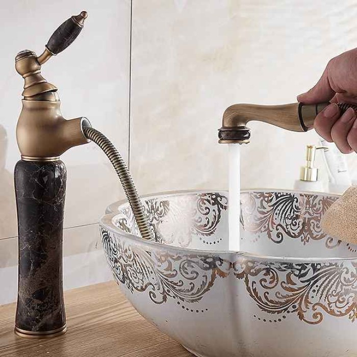 Traditional Bathroom Faucet Pull Out Basin Sink Mixer Taps, Vintage Brass Vessel Taps Ceramic Single Handle, with Cold and Hot Hose