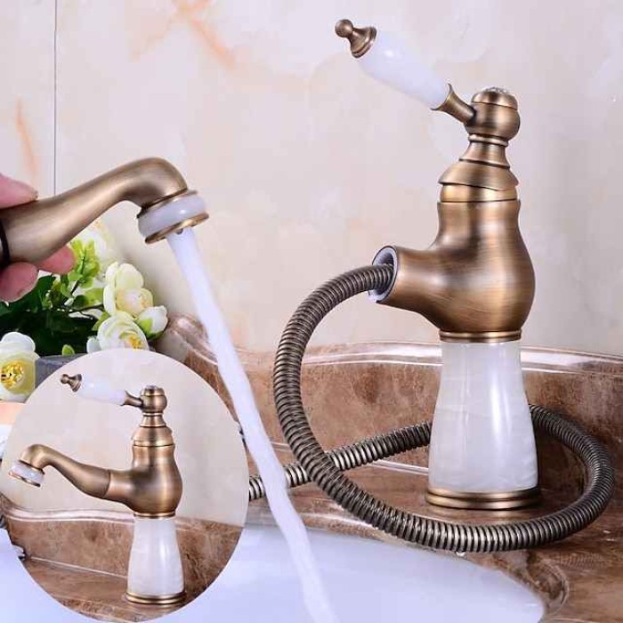 Traditional Bathroom Faucet Pull Out Basin Sink Mixer Taps, Vintage Brass Vessel Taps Ceramic Single Handle, with Cold and Hot Hose