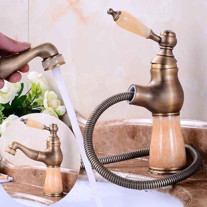 Traditional Bathroom Faucet Pull Out Basin Sink Mixer Taps, Vintage Brass Vessel Taps Ceramic Single Handle, with Cold and Hot Hose