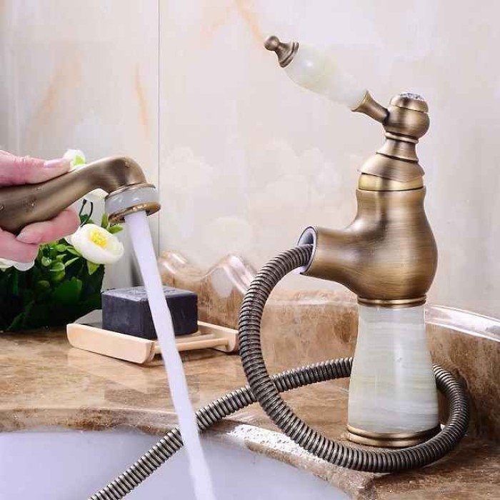 Traditional Bathroom Faucet Pull Out Basin Sink Mixer Taps, Vintage Brass Vessel Taps Ceramic Single Handle, with Cold and Hot Hose