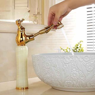 Traditional Bathroom Faucet Pull Out Basin Sink Mixer Taps Short/Tall, Vintage Brass Vessel Taps Ceramic Single Handle, with Cold and Hot Hose