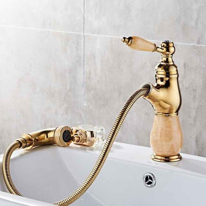 Traditional Bathroom Faucet Pull Out Basin Sink Mixer Taps Short/Tall, Vintage Brass Vessel Taps Ceramic Single Handle, with Cold and Hot Hose