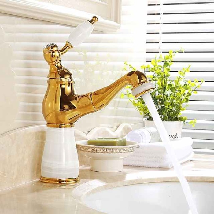 Traditional Bathroom Faucet Pull Out Basin Sink Mixer Taps Short/Tall, Vintage Brass Vessel Taps Ceramic Single Handle, with Cold and Hot Hose