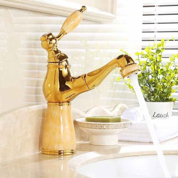 Traditional Bathroom Faucet Pull Out Basin Sink Mixer Taps Short/Tall, Vintage Brass Vessel Taps Ceramic Single Handle, with Cold and Hot Hose