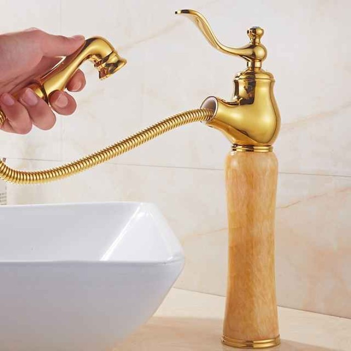 Traditional Bathroom Faucet Pull Out Basin Sink Mixer Taps Short/Tall, Vintage Brass Vessel Taps Ceramic Single Handle, with Cold and Hot Hose