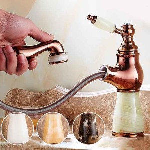 Traditional Bathroom Faucet Pull Out Basin Sink Mixer Taps Short/Tall, Vintage Brass Vessel Taps Ceramic Single Handle, with Cold and Hot Hose