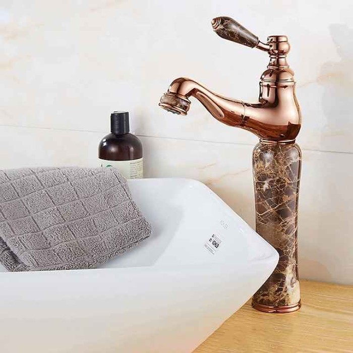 Traditional Bathroom Faucet Pull Out Basin Sink Mixer Taps Short/Tall, Vintage Brass Vessel Taps Ceramic Single Handle, with Cold and Hot Hose