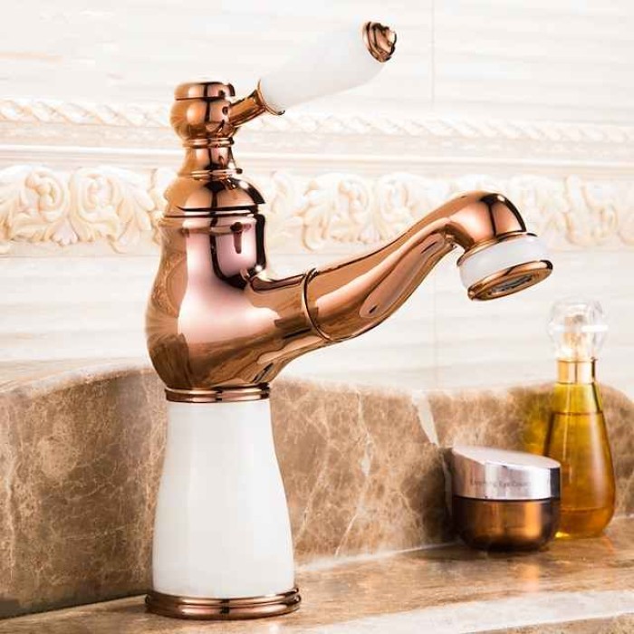 Traditional Bathroom Faucet Pull Out Basin Sink Mixer Taps Short/Tall, Vintage Brass Vessel Taps Ceramic Single Handle, with Cold and Hot Hose