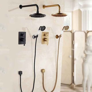 Shower Faucet Set Wall Mounted Vintage Brass, Rainfall Overhead Combo Set Bathroom Mixer Ceramic Shower Hendheld Sprayer High Pressure Black Antique