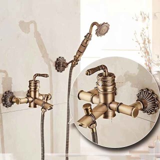 Shower Faucet Set Wall Mounted Vintage Brass, Shower System Handheld Sprayer, with Tub Spout Cold and Hot Hose