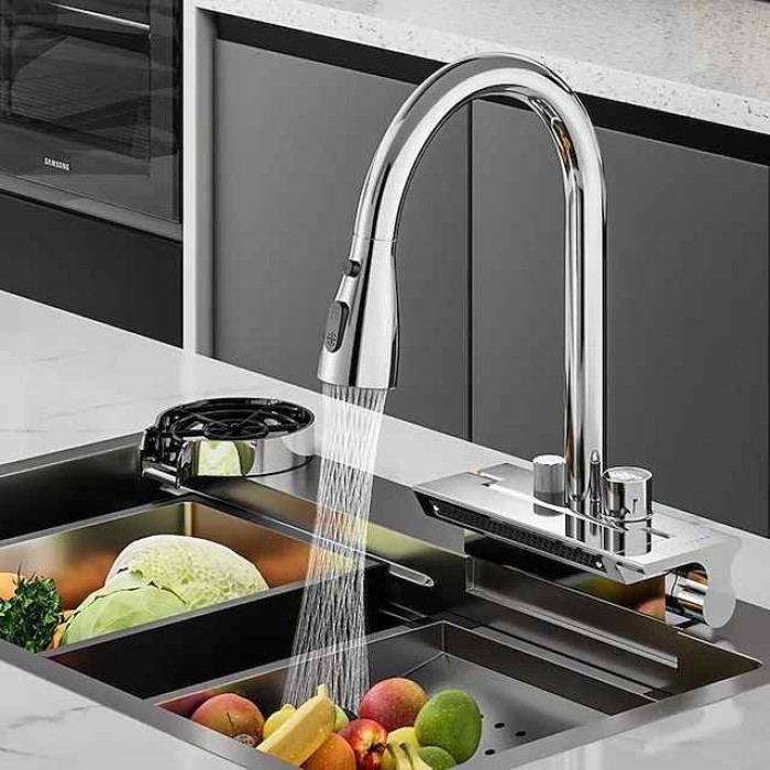 Waterfall Kitchen Faucet Pull Out Sink Mixer Vessel Taps, withCold and Hot Hose