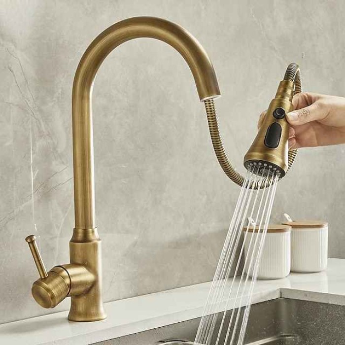 Traditional Kitchen Faucet Pull Out Sink Mixer Vessel Brass Taps, 360 Degree Single Handle Vintage Taps with Cold and Hot Hose