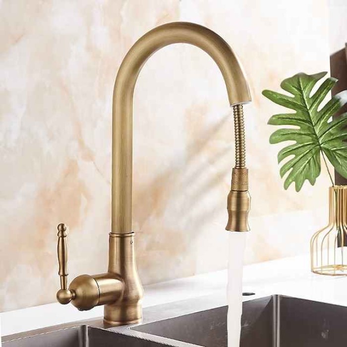 Kitchen Faucet Pull Out Sink Mixer Taps, 360 Degree 2 Mode Sprayer, Vintage Brass Vessel Tap with Cold and Hot Hose