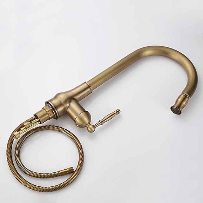 Kitchen Faucet Pull Out Sink Mixer Taps, 360 Degree 2 Mode Sprayer, Vintage Brass Vessel Tap with Cold and Hot Hose