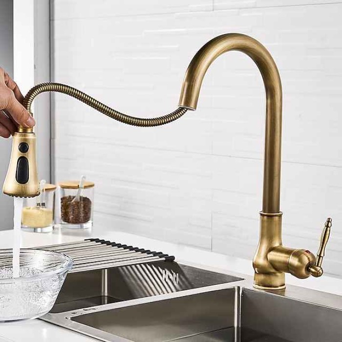 Kitchen Faucet Pull Out Sink Mixer Taps, 360 Degree 2 Mode Sprayer, Vintage Brass Vessel Tap with Cold and Hot Hose