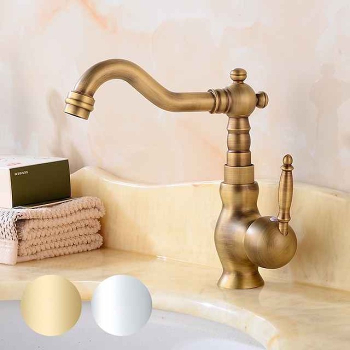 Bathroom Faucet Single Handle, Sink Mixer Basin Taps with Cold and Hot Hose Vintage Brass