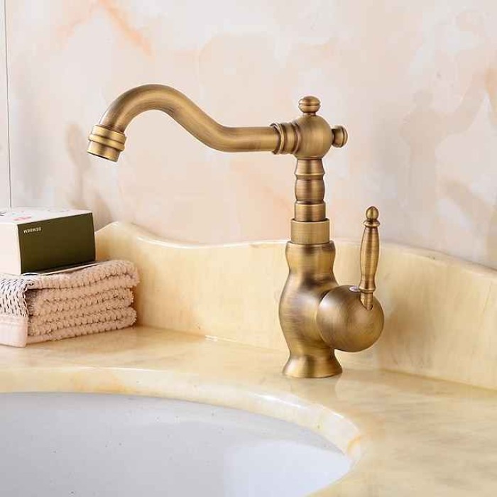 Bathroom Faucet Single Handle, Sink Mixer Basin Taps with Cold and Hot Hose Vintage Brass