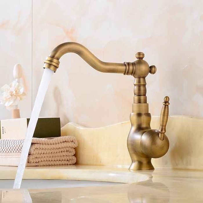 Bathroom Faucet Single Handle, Sink Mixer Basin Taps with Cold and Hot Hose Vintage Brass