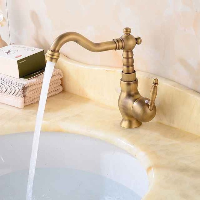 Bathroom Faucet Single Handle, Sink Mixer Basin Taps with Cold and Hot Hose Vintage Brass