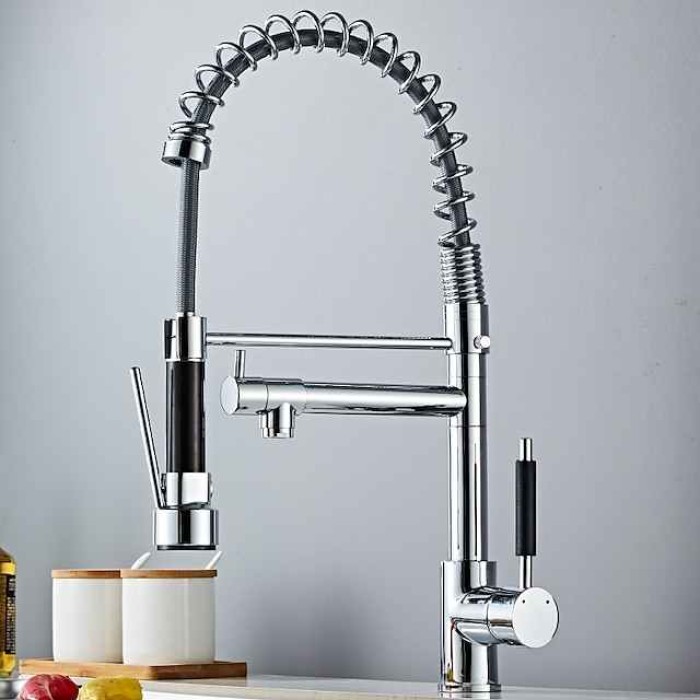 Kitchen Taps Pull Down Dual Spout with Sprayer, Sink Mixer Brass Faucet with Cold and Hot Hose