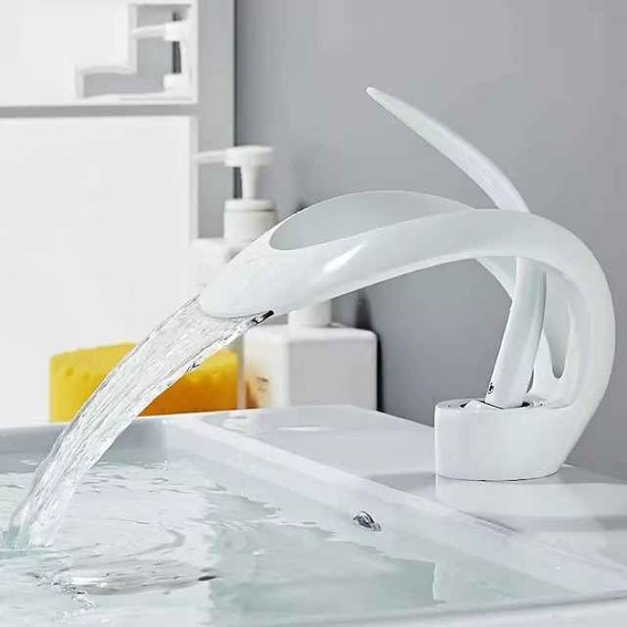 Bathroom Sink Faucet, Modern Waterfall Electroplated, Painted Finishes Mount Outside Single Handle One Hole Bath Taps