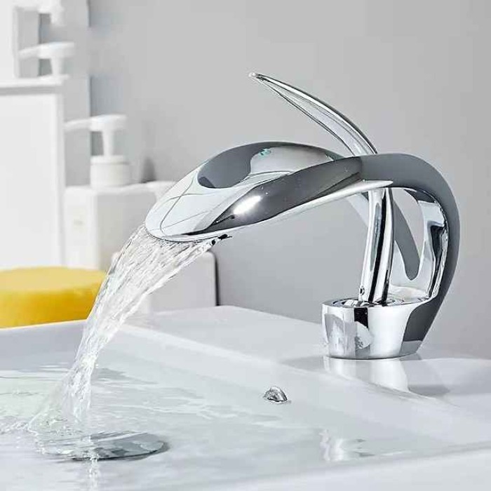 Bathroom Sink Faucet, Modern Waterfall Electroplated, Painted Finishes Mount Outside Single Handle One Hole Bath Taps