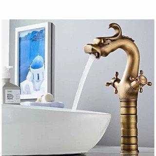 Bathroom Sink Faucet - Loong Style Dragon Shape Classic Mount Outside Single Handle One Hole Bath Taps in Antique Brass