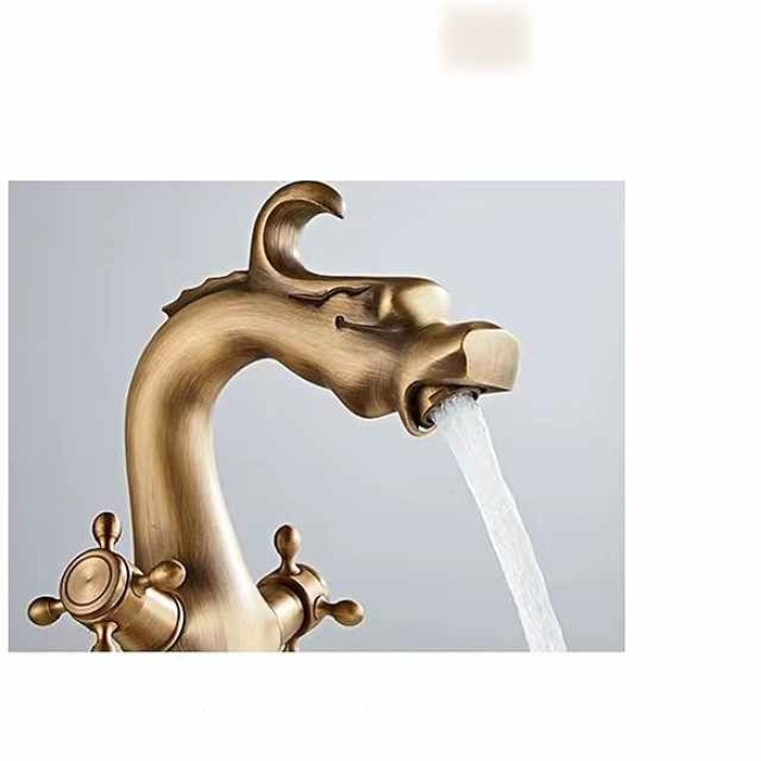 Bathroom Sink Faucet - Loong Style Dragon Shape Classic Mount Outside Single Handle One Hole Bath Taps in Antique Brass