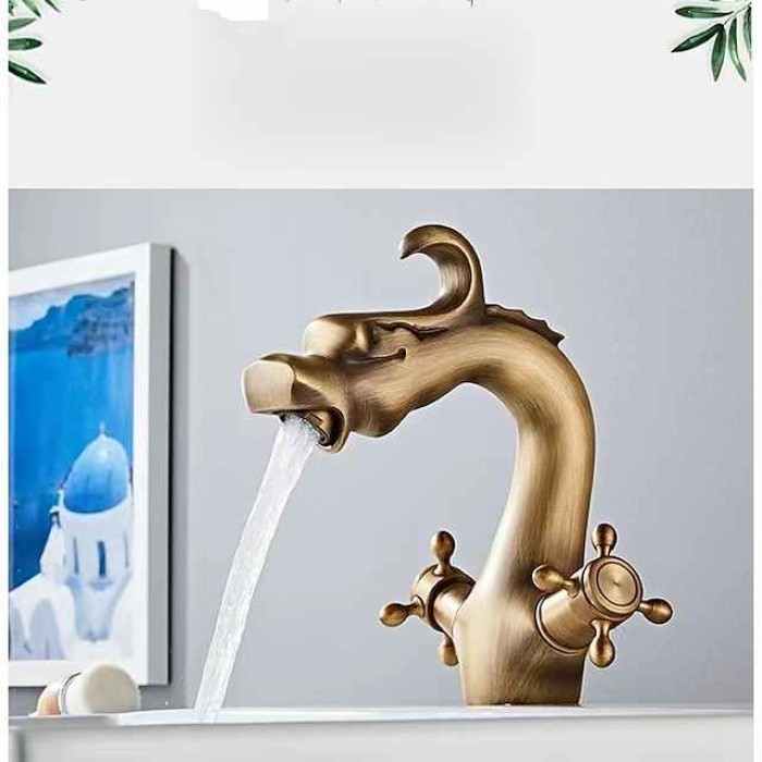 Bathroom Sink Faucet - Loong Style Dragon Shape Classic Mount Outside Single Handle One Hole Bath Taps in Antique Brass