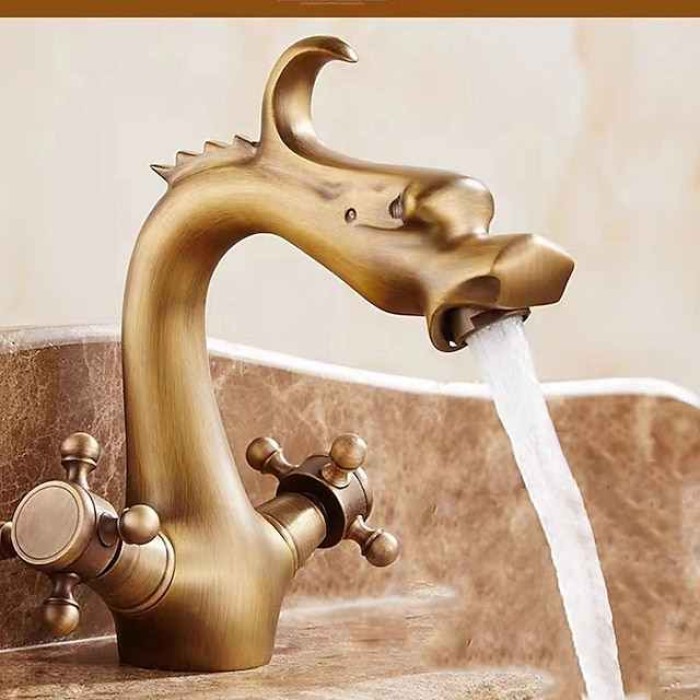 Bathroom Sink Faucet - Loong Style Dragon Shape Classic Mount Outside Single Handle One Hole Bath Taps in Antique Brass