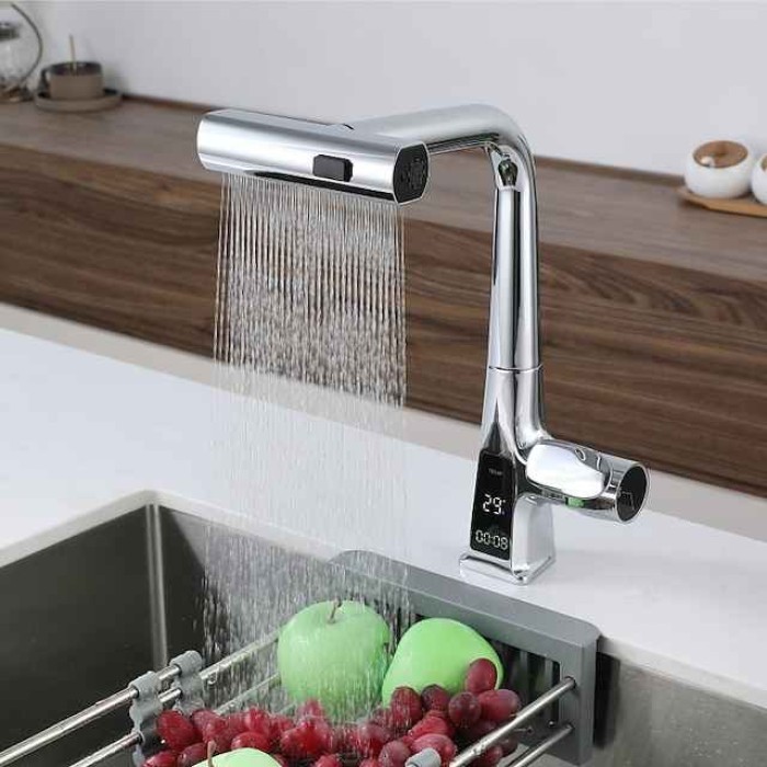 Pull-Out Kitchen faucet with LED Temperature Digital Display, Single Handle One Hole Center-set Modern Contemporary Kitchen Taps