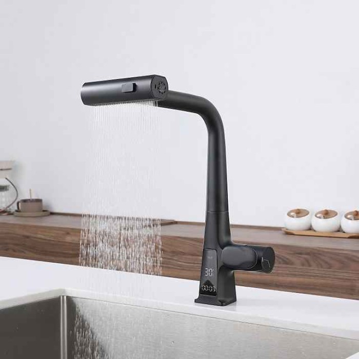 Pull-Out Kitchen faucet with LED Temperature Digital Display, Single Handle One Hole Center-set Modern Contemporary Kitchen Taps