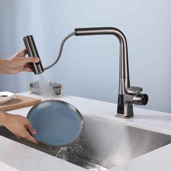 Pull-Out Kitchen faucet with LED Temperature Digital Display, Single Handle One Hole Center-set Modern Contemporary Kitchen Taps