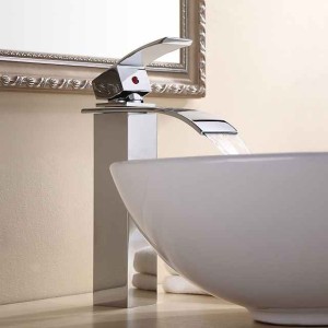 Waterfall Bathroom Sink Mixer Faucet Tall, Modern Style Brass Basin Taps Chrome Vessel Single Handle One Hole Bath Taps with Cold and Hot Water Hose