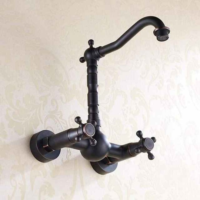 Traditional Bathroom Sink Mixer Taps Black Wall Mounted, 360° Rotatable Antique Retro Brass Sink Kitchen Tap Washroom Basin Bathtub Tub